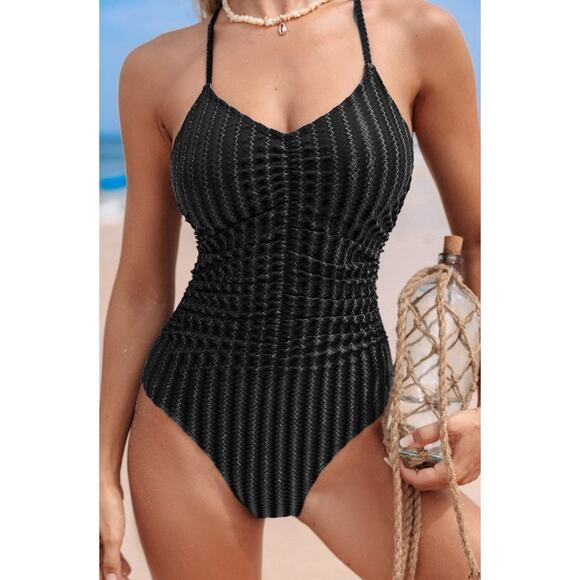 New Cupshe Metallic Black Plunge Ruched One-Piece Swim Suit Size Small Padded - Picture 1 of 15
